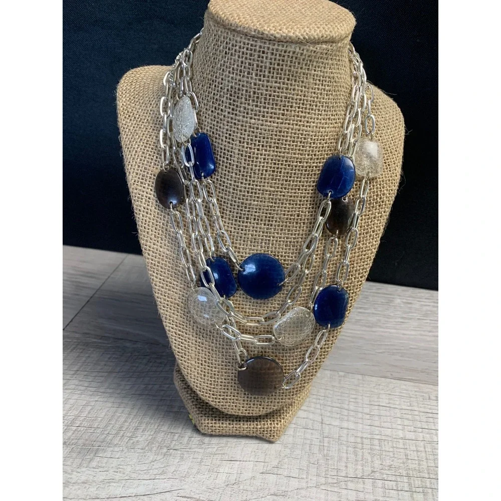 Avon Womens Silver Tone Multi Strand Blue Brown Clear Stone Statement Necklace